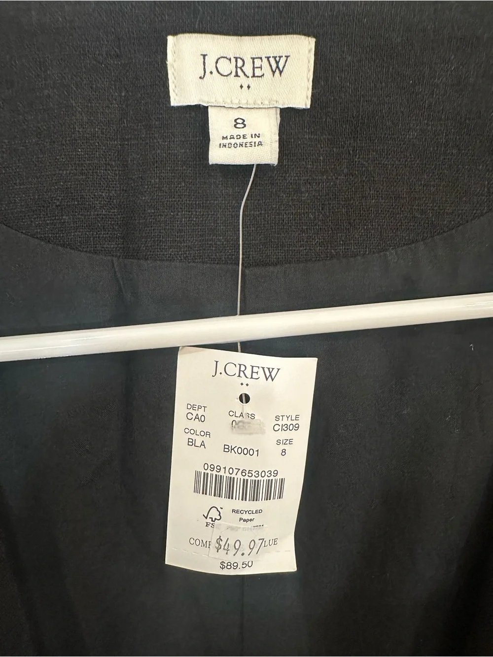 J. Crew Black Button-Front Linen Blend Vest- Womens 8